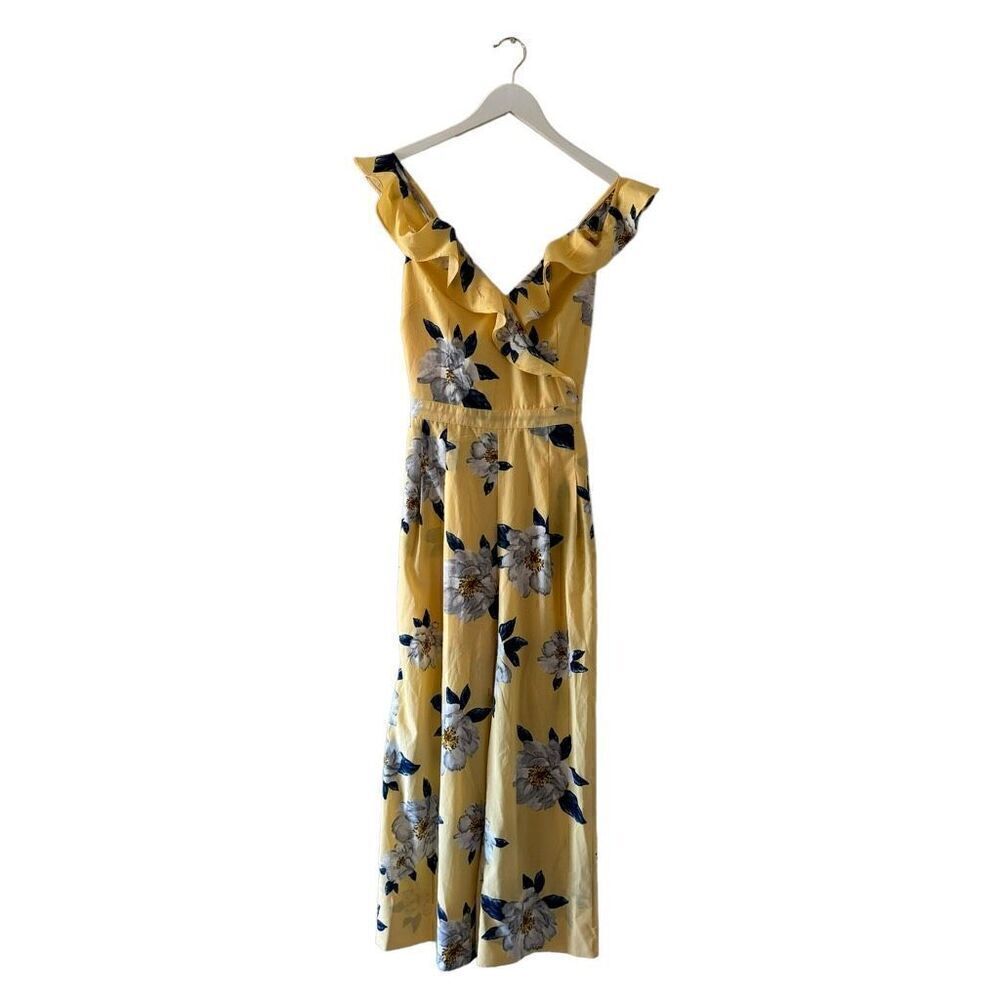 J by JOA Jumpsuit Women Yellow Blue Floral Bohemian Y2K Wide Leg Zipper Ruffles